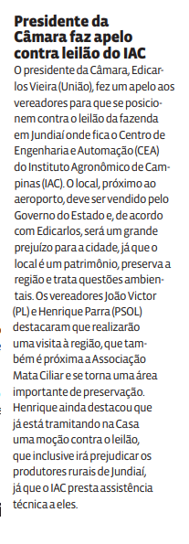 Presidente da Câmara faz apelo contra leilão do IAC