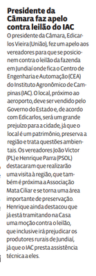 Presidente da Câmara faz apelo contra leilão do IAC