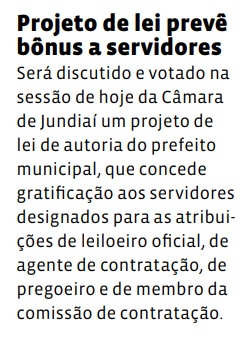 Projeto de lei prevê bônus a servidores