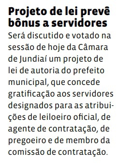 Projeto de lei prevê bônus a servidores