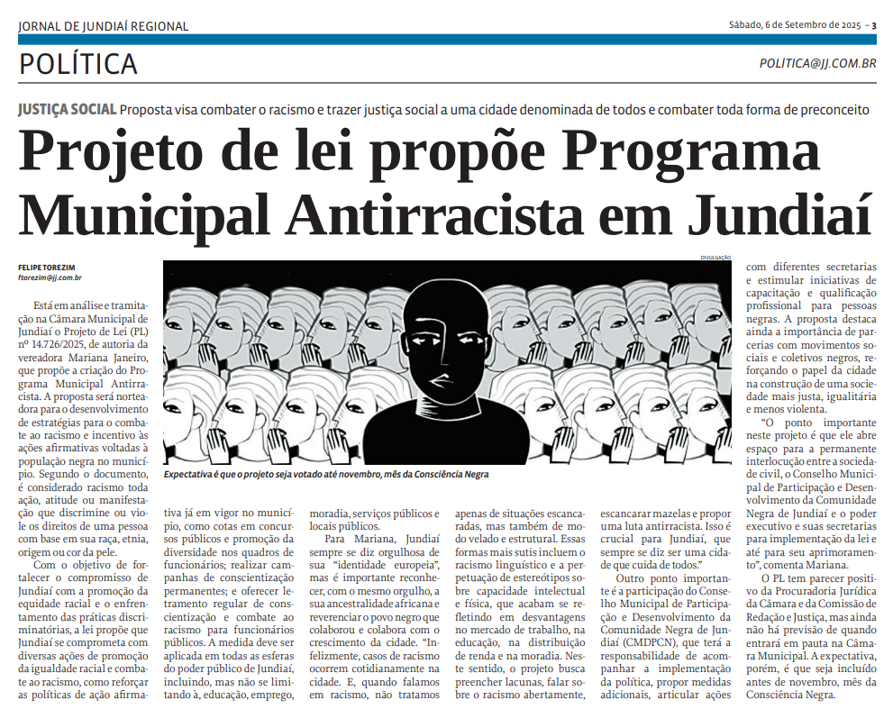 Projeto de lei propõe Programa Municipal Antirracista em Jundiaí