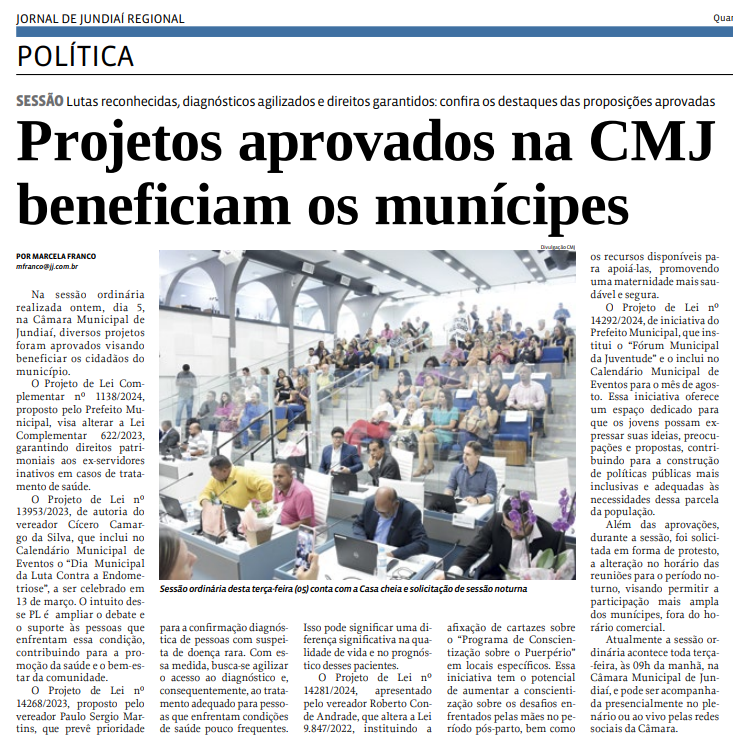 Projetos aprovados na CMJ beneficiam os munícipes