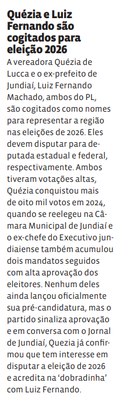 Quézia e Luiz Fernando são cogitados para eleição 2026