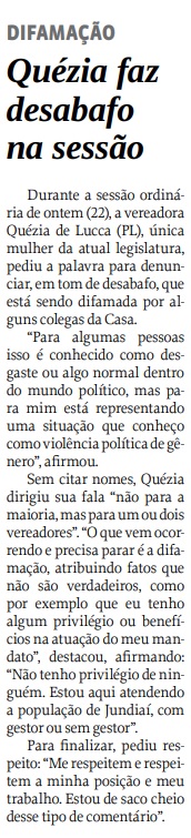Quézia faz desabafo na sessão