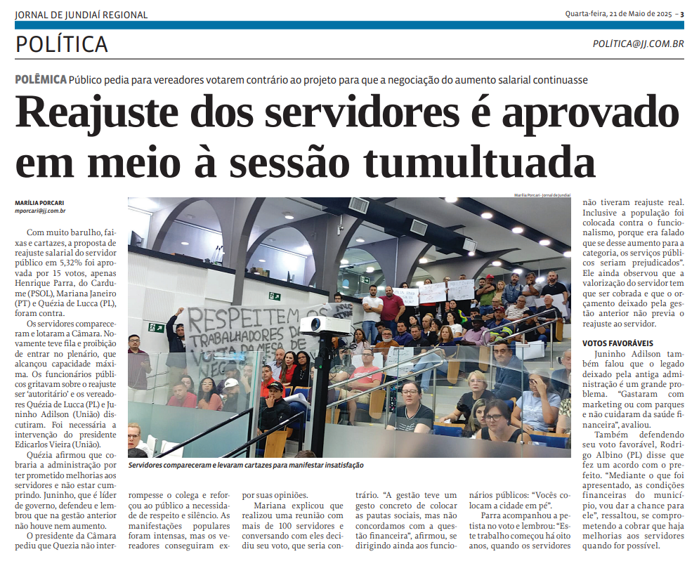 Reajuste dos servidores é aprovado em meio à sessão tumultuada