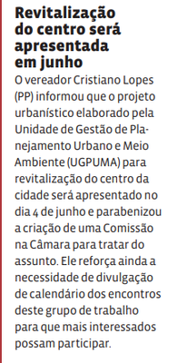 Revitalização do centro será apresentada em junho
