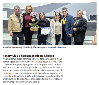 Rotary Club é homenageado na Câmara 
