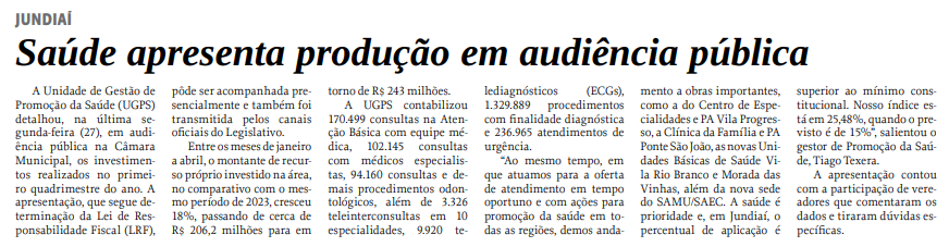 Saúde apresenta produção em audiência pública