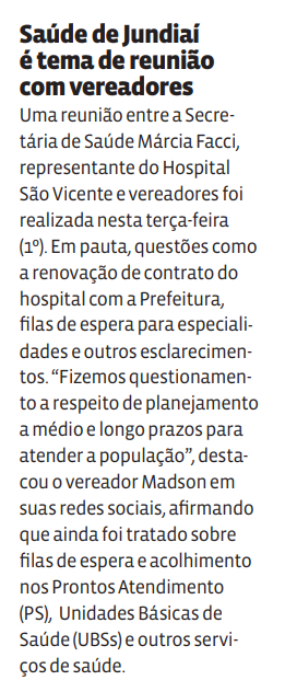 Saúde de Jundiaí é tema de reunião com vereadores