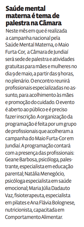 Saúde mental materna é tema de palestra na Câmara