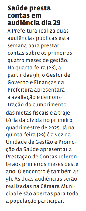 Saúde presta contas em audiência dia 29