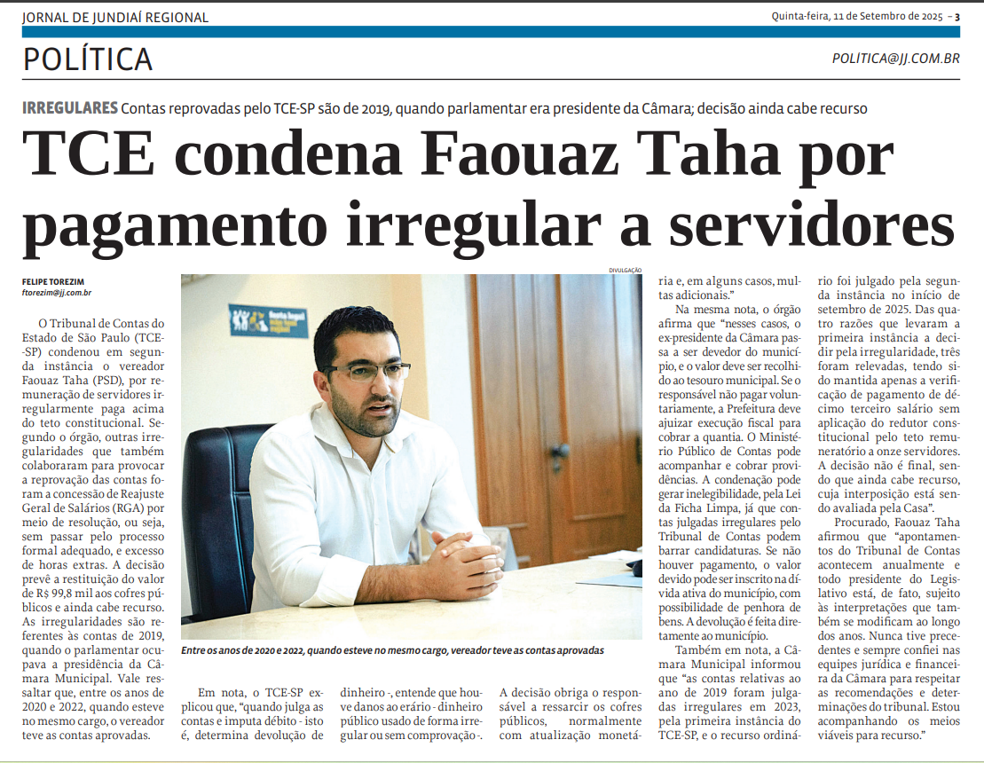 TCE condena Faouaz Taha por pagamento irregular a servidores