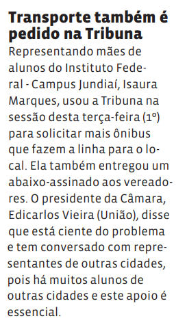 Transporte também é pedido na Tribuna