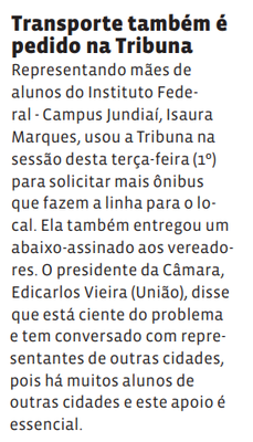 Transporte também é pedido na Tribuna