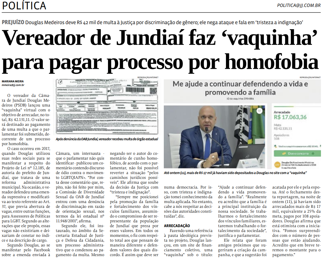 Vereador de Jundiaí faz ‘vaquinha’  para pagar processo por homofobia