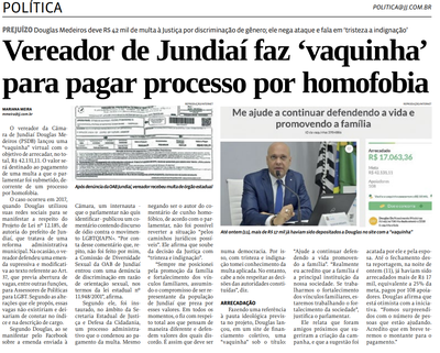 Vereador de Jundiaí faz ‘vaquinha’  para pagar processo por homofobia