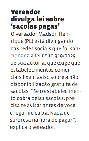 Vereador divulga lei sobre ‘sacolas pagas’