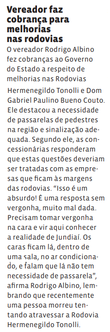 Vereador faz cobrança para melhorias nas rodovias