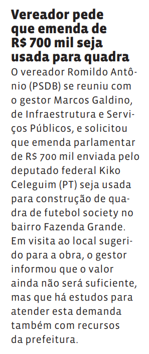 Vereador pede que emenda de R$ 700 mil seja usada para quadra