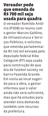 Vereador pede que emenda de R$ 700 mil seja usada para quadra