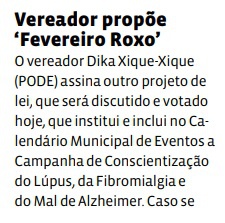 Vereador propõe ‘Fevereiro Roxo’