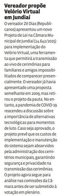 Vereador propõe Velório Virtual em Jundiaí