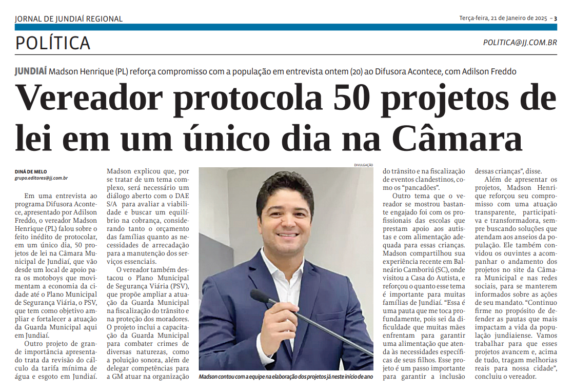 Vereador protocola 50 projetos de lei em um único dia na Câmara