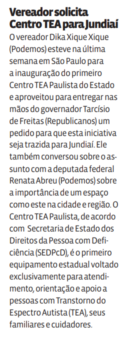 Vereador solicita Centro TEA para Jundiaí