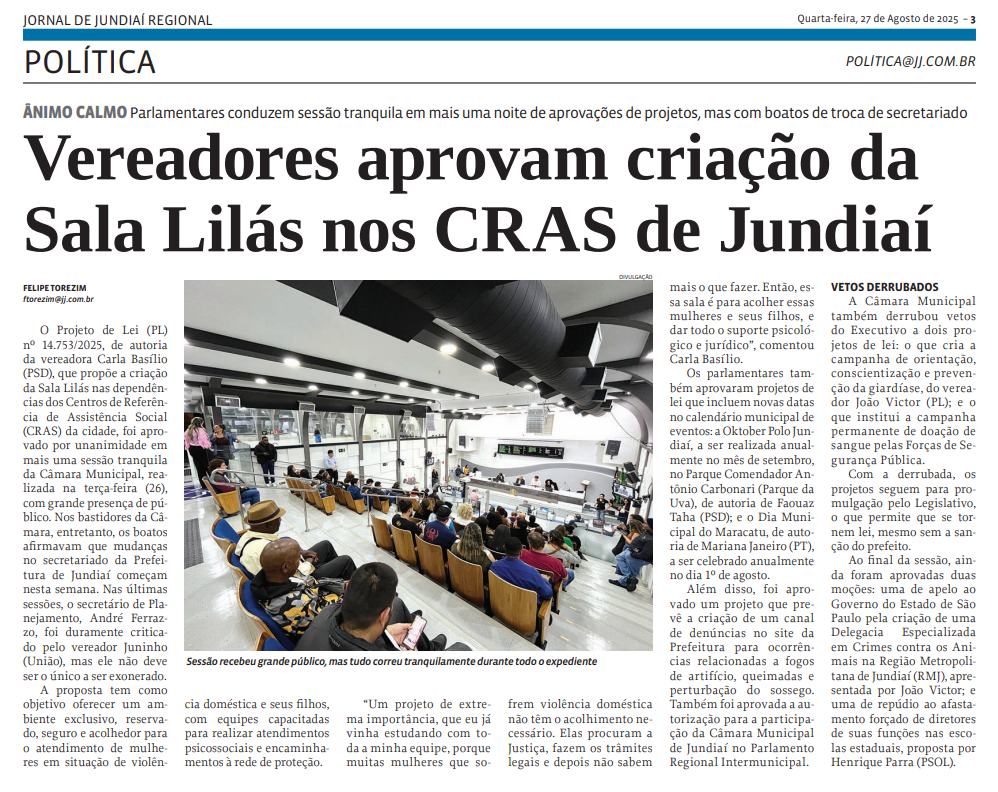 Vereadores aprovam criação da Sala Lilás nos CRAS de Jundiaí