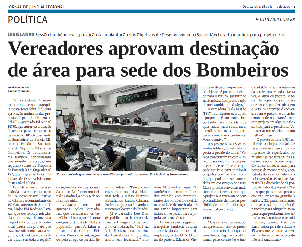 Vereadores aprovam destinação de área para sede dos Bombeiros 