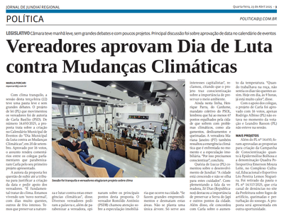 Vereadores aprovam Dia de Luta contra Mudanças Climáticas