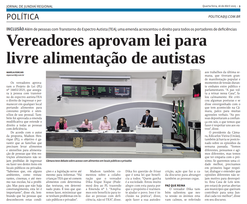 Vereadores aprovam lei para livre alimentação de autistas