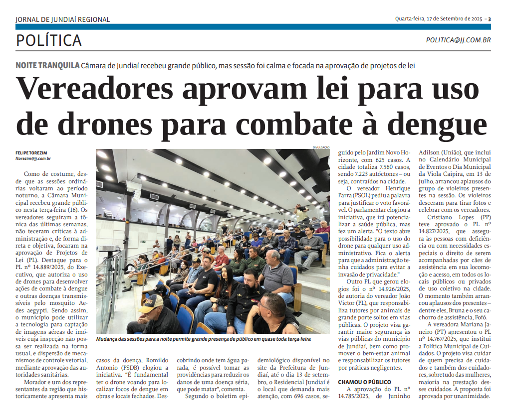 Vereadores aprovam lei para uso de drones para combate à dengue