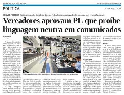 Vereadores aprovam PL que proíbe linguagem neutra em comunicados