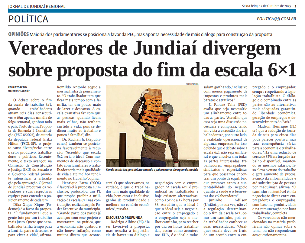 Vereadores de Jundiaí divergem sobre proposta do fim da escala 6×1