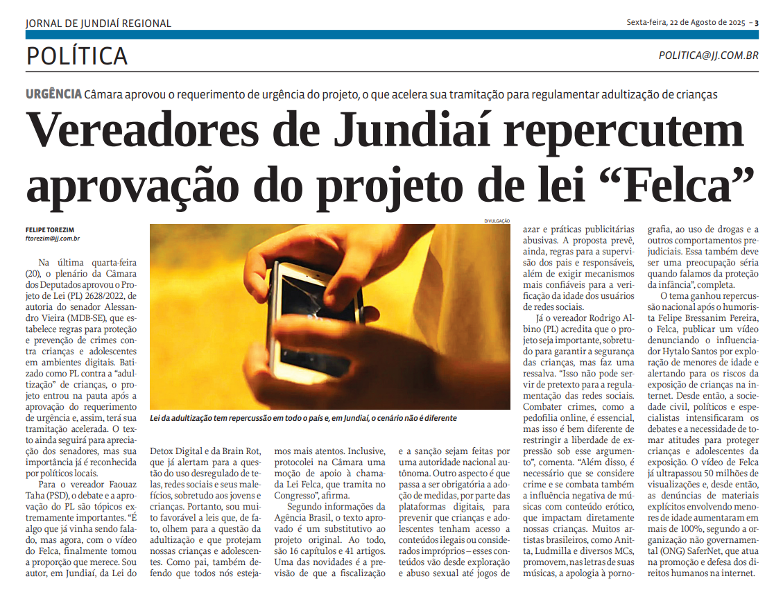 Vereadores de Jundiaí repercutem aprovação do projeto de lei “Felca”