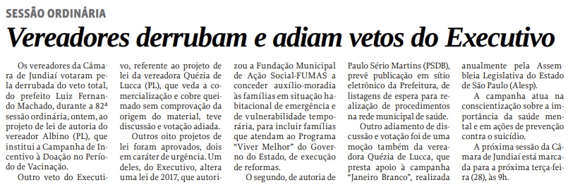 Vereadores derrubam e adiam vetos do Executivo