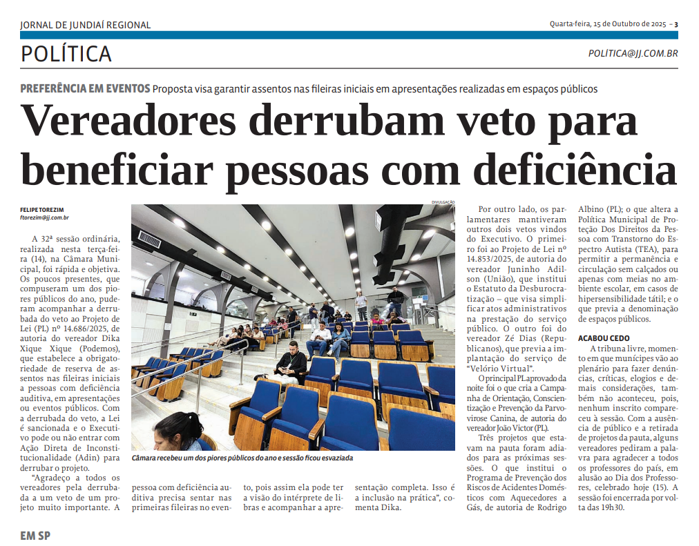 Vereadores derrubam veto para beneficiar pessoas com deficiência