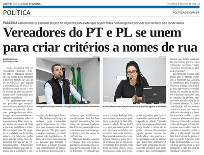 Vereadores do PT e PL se unem para criar critérios a nomes de rua