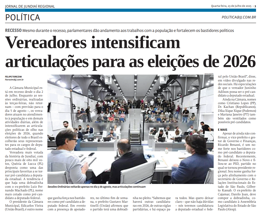 Vereadores intensificam articulações para as eleições de 2026