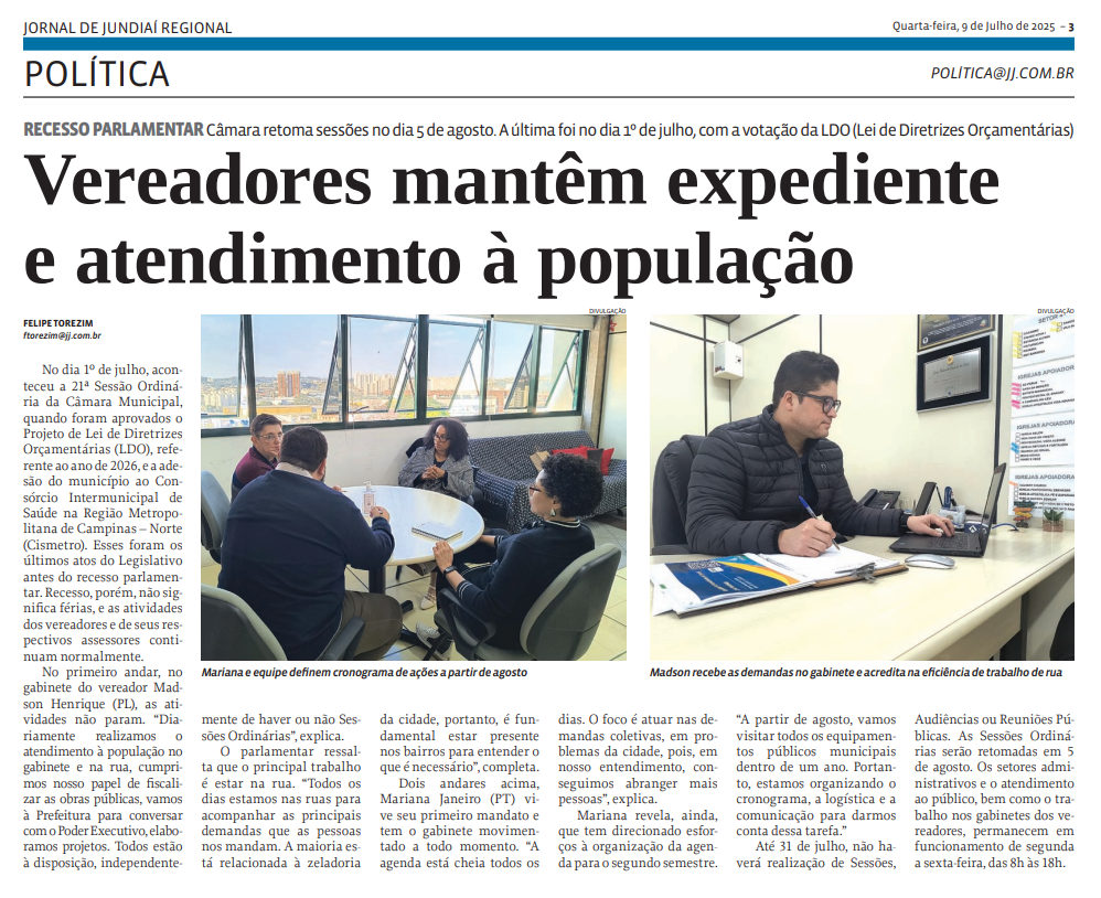 Vereadores mantêm expediente e atendimento à população
