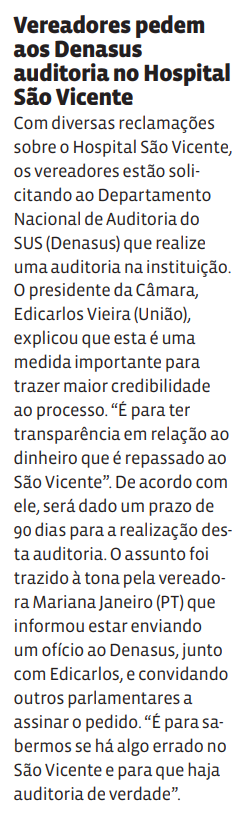 Vereadores pedem ao Denasus auditoria no Hospital São Vicente