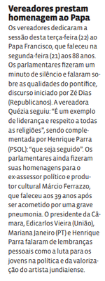 Vereadores prestam homenagem ao Papa