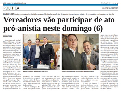 Vereadores vão participar de ato pró-anistia neste domingo (6) 