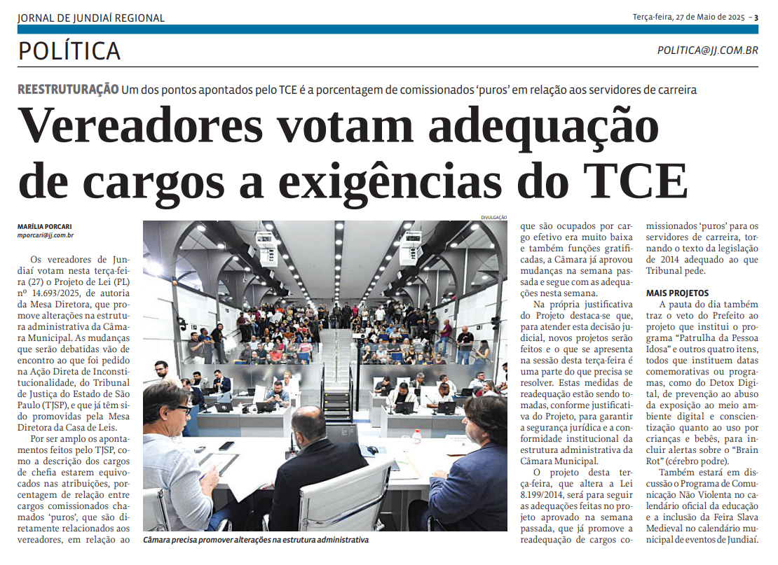Vereadores votam adequação de cargos a exigências do TCE