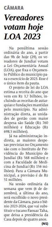 Vereadores votam hoje LOA 2023