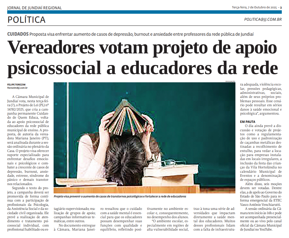 Vereadores votam projeto de apoio psicossocial a educadores da rede
