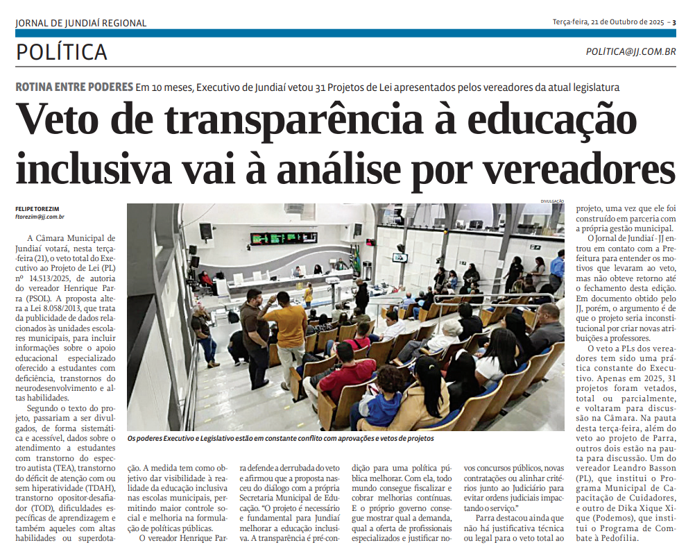 Veto de transparência à educação inclusiva vai à análise por vereadores