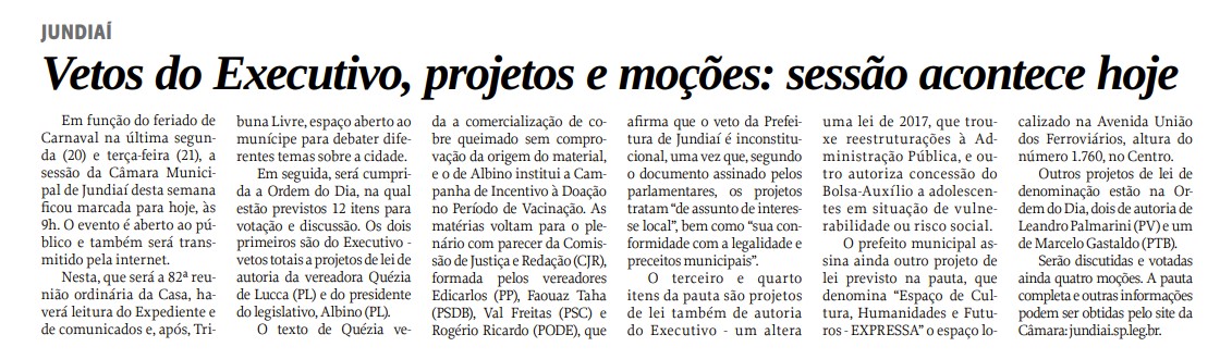 Vetos do Executivo, projetos e moções: sessão acontece hoje