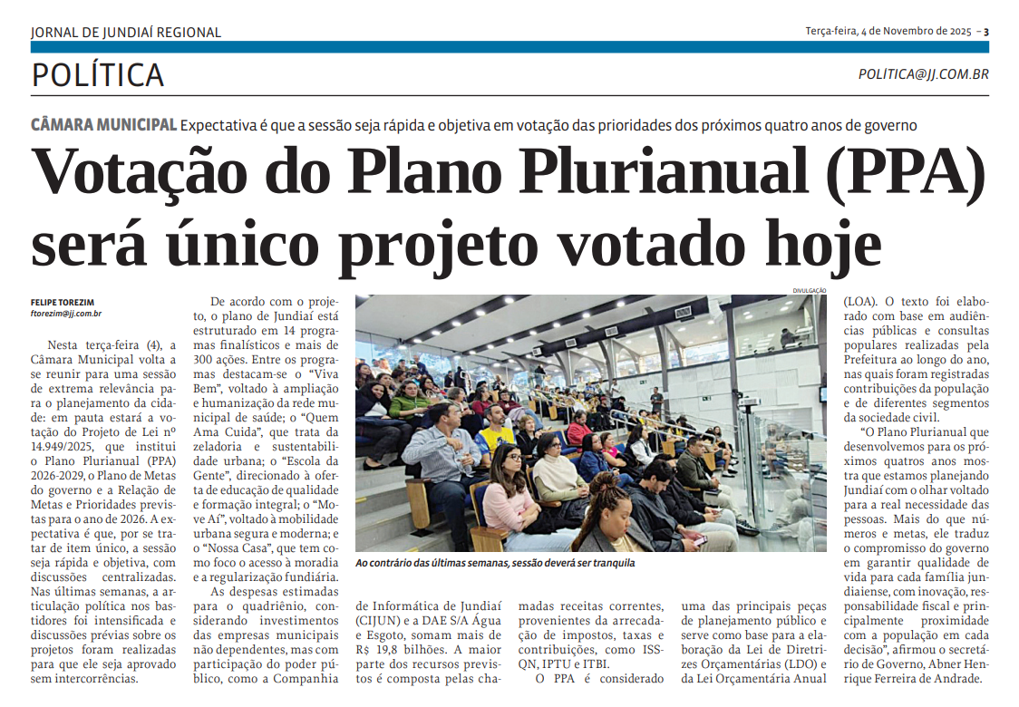 Votação do Plano Plurianual (PPA) será único projeto votado hoje